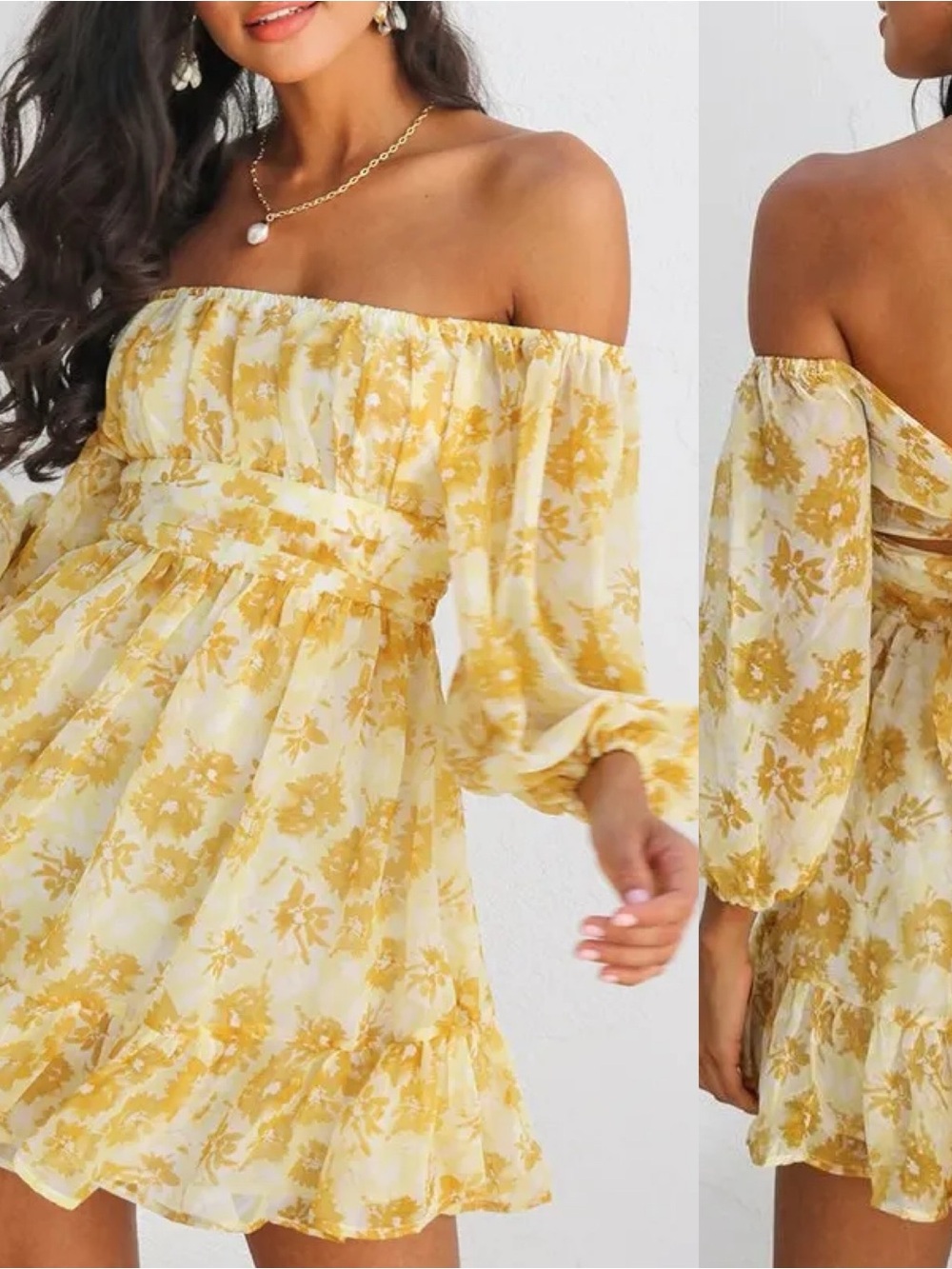 Yellow Floral Off-Shoulder Mini Dress